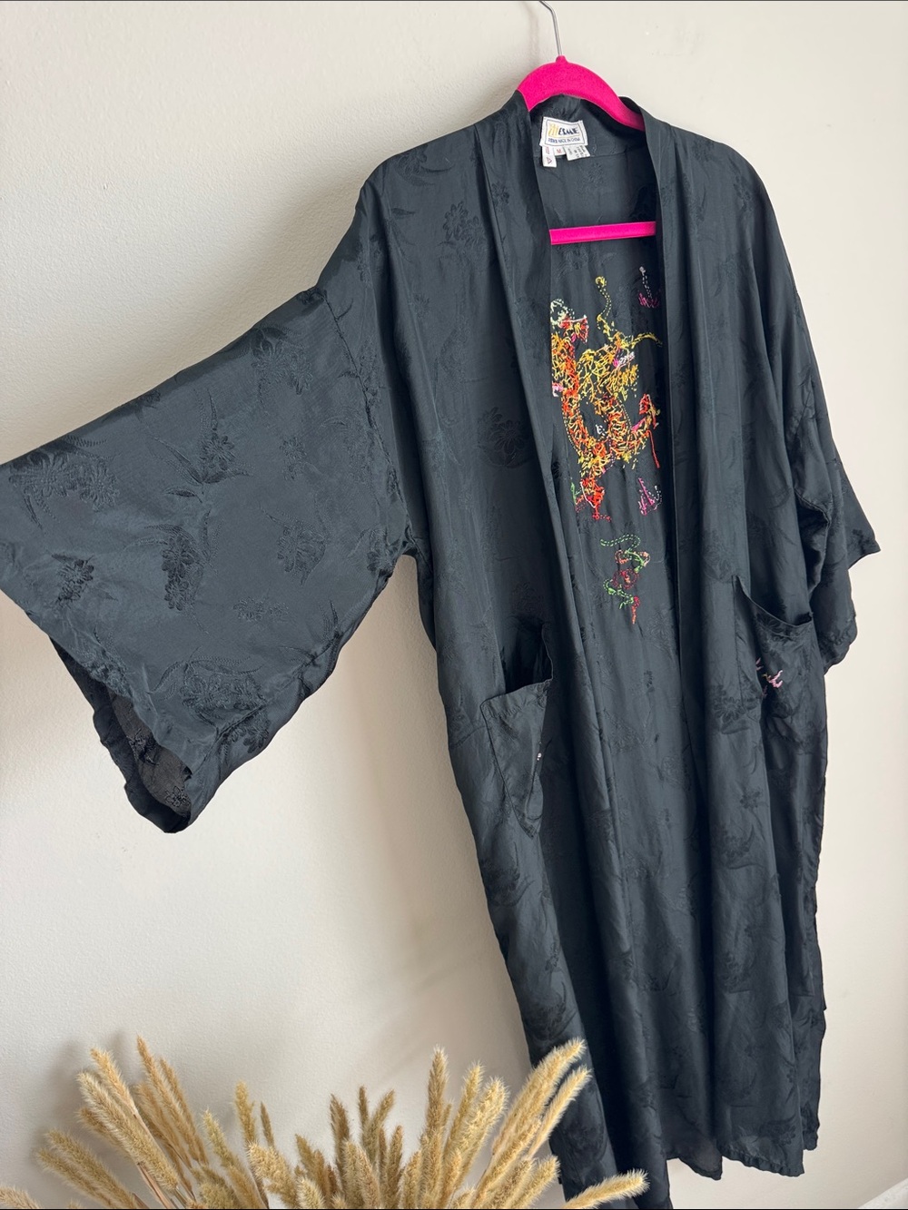 Vintage Esme Black Dragon Embroidered Rayon Kimono Robe Duster M - Picture 7 of 13